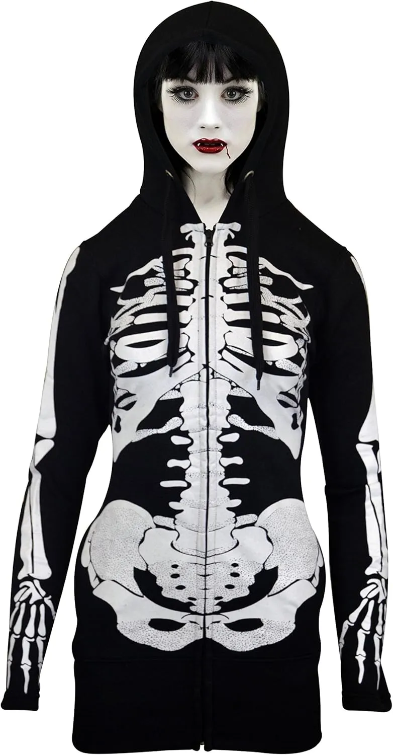 Skylinewears Women's Full-Zip Hoodie with Skeleton Skull Print Oversized Gothic Sweatshirt for Halloween Costume
