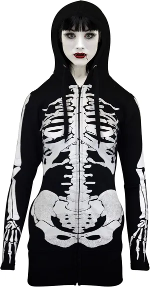 Skylinewears Women's Full-Zip Hoodie with Skeleton Skull Print Oversized Gothic Sweatshirt for Halloween Costume