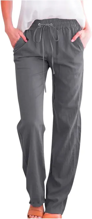 SMIDOW Womens Casual Pants Regular Fit Straight Leg Drawstring Elastic High Waist Trousers with Pockets Trendy