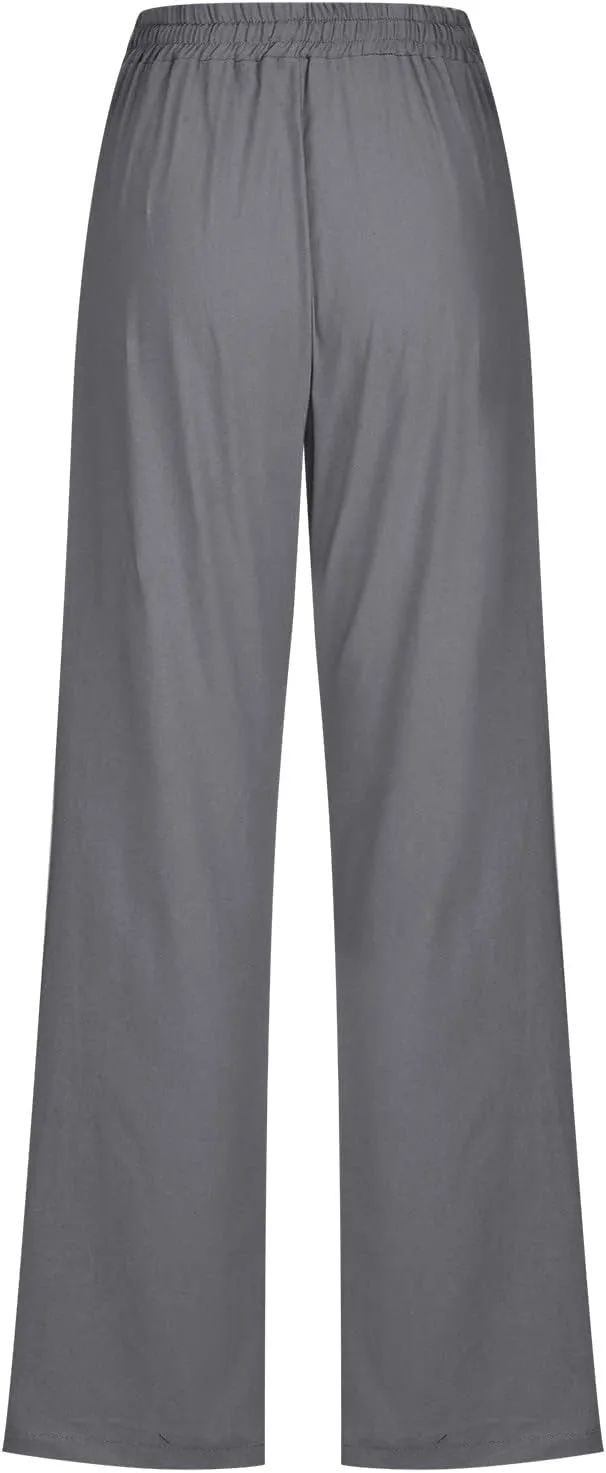 SMIDOW Womens Casual Pants Regular Fit Straight Leg Drawstring Elastic High Waist Trousers with Pockets Trendy