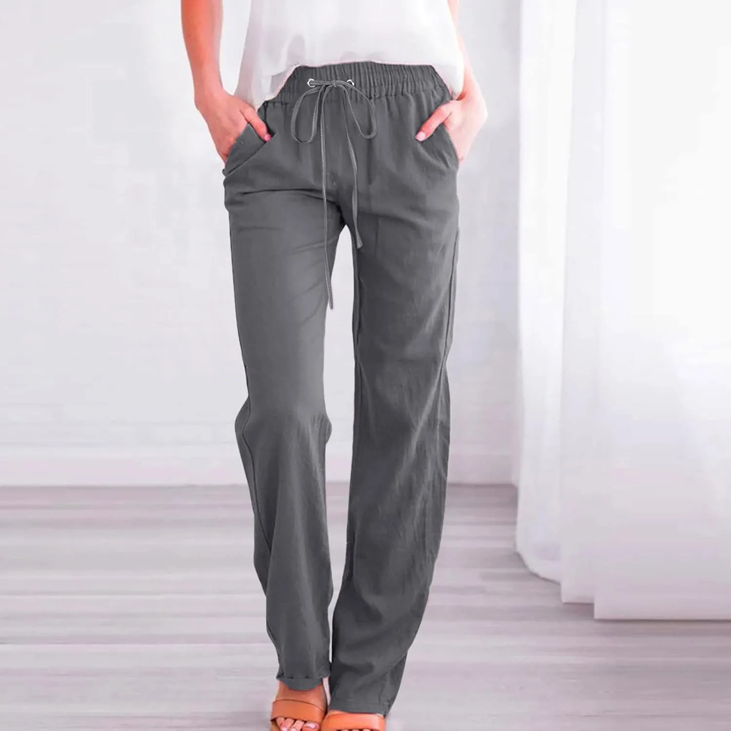 SMIDOW Womens Casual Pants Regular Fit Straight Leg Drawstring Elastic High Waist Trousers with Pockets Trendy