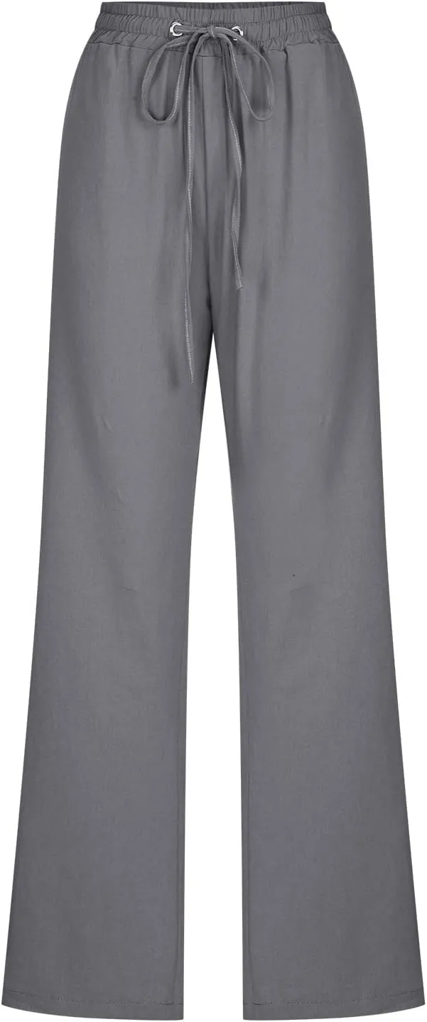 SMIDOW Womens Casual Pants Regular Fit Straight Leg Drawstring Elastic High Waist Trousers with Pockets Trendy