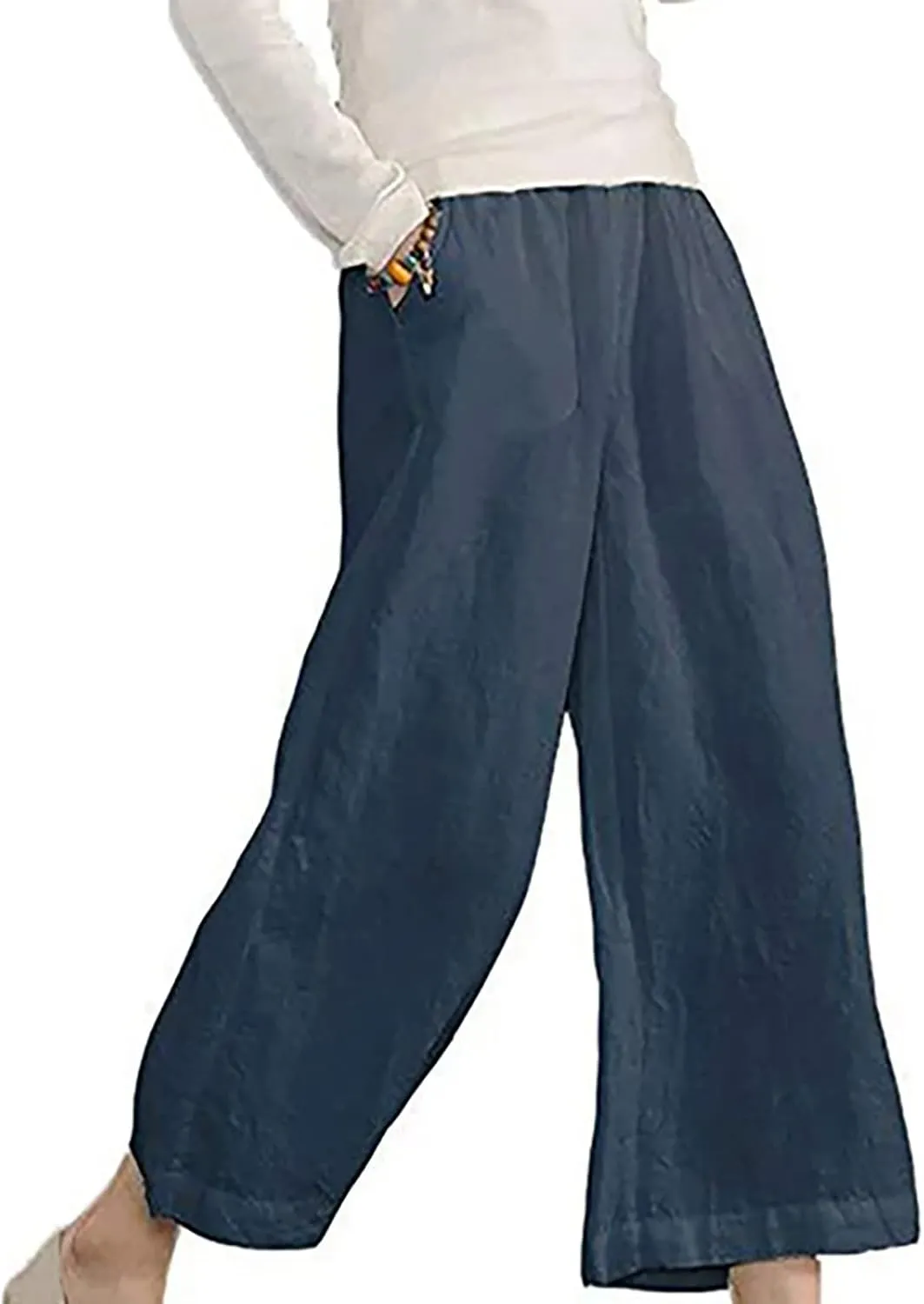 SMIDOW Womens Linen Pants Loose Casual Wide Leg Cropped Pant Elastic High Waist Solid Baggy Trousers with Pockets
