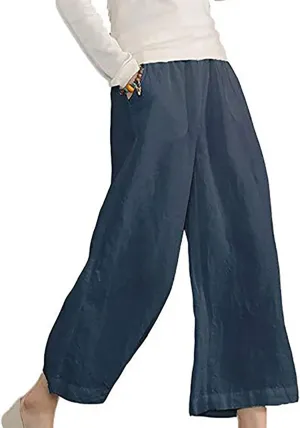 SMIDOW Womens Linen Pants Loose Casual Wide Leg Cropped Pant Elastic High Waist Solid Baggy Trousers with Pockets