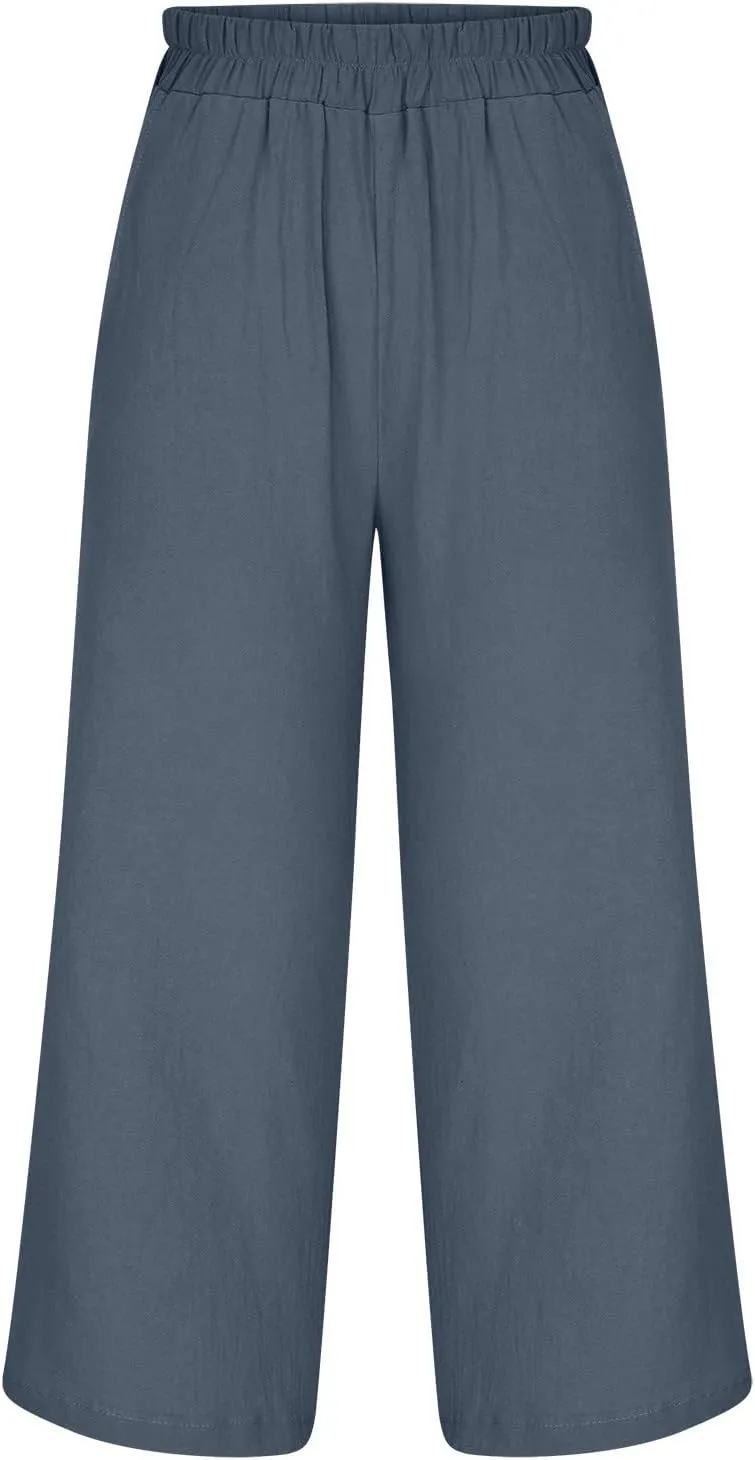 SMIDOW Womens Linen Pants Loose Casual Wide Leg Cropped Pant Elastic High Waist Solid Baggy Trousers with Pockets