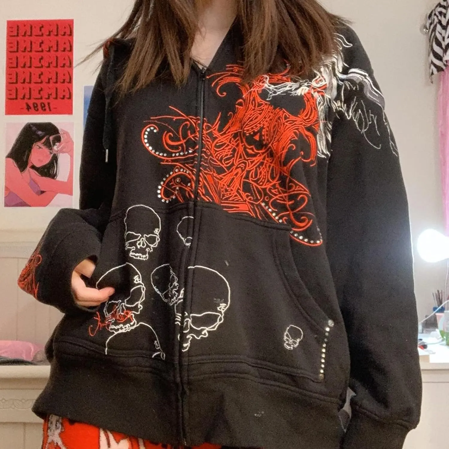 SOLILOQUY Women Zip Up Hoodie Y2k Vintage Graphic Oversized Hooded Sweatshirt Jacket Pullover Coats Harajuku Streetwear
