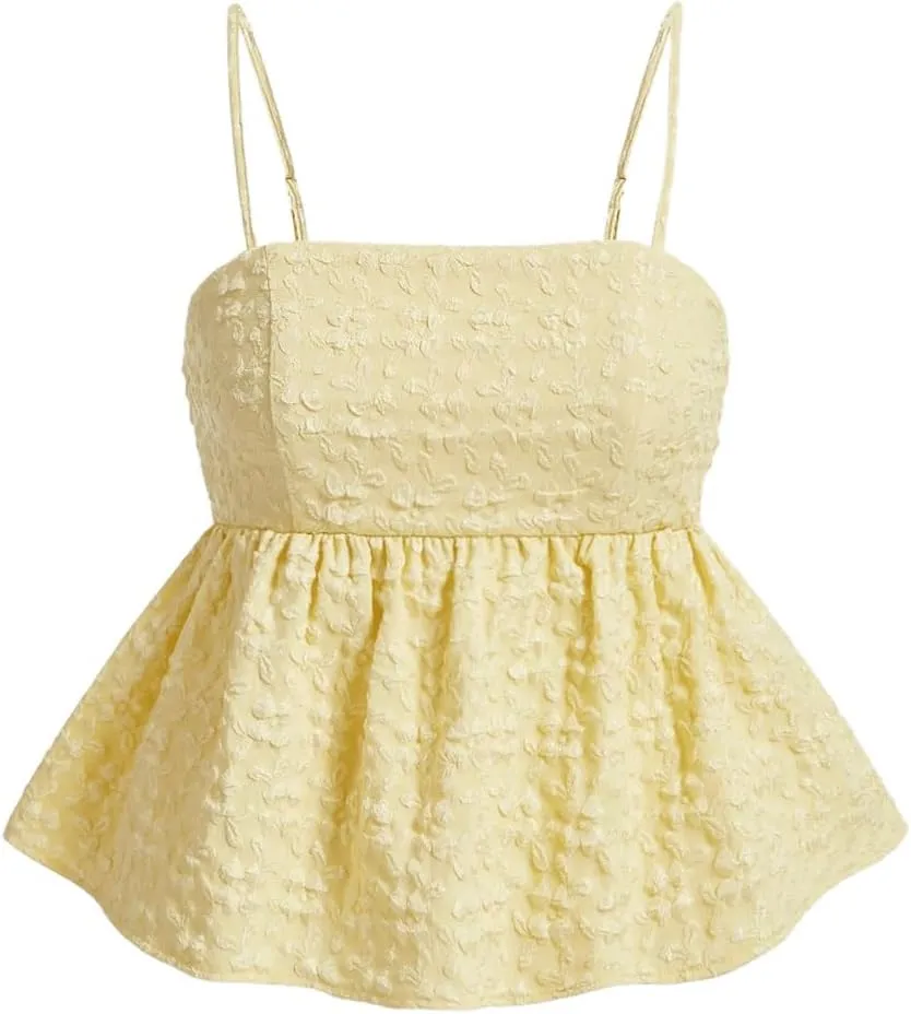 SOLY HUX Women's Spaghetti Strap Ruffle Hem Peplum Cami Top Jacquard Camisole