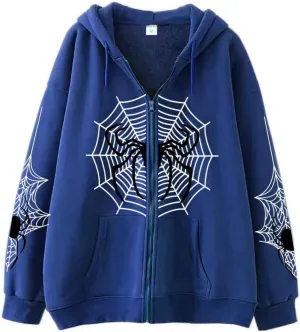 Spider Web Y2K Graphic Zip Up Hoodies Women Oversized Streetshirt E-Girl Long Sleeve Sweatwear Jackets Halloween