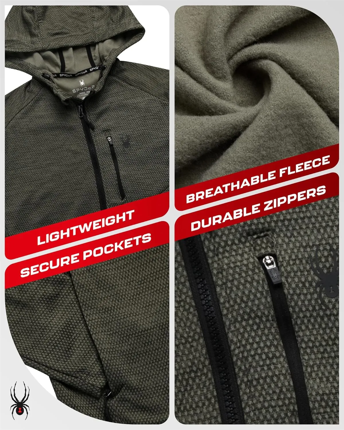 Spyder Men's Active Fleece Hoodie - Performance Mesh Fleece Full Zip Up Sweatshirt with Secure Zip Pockets (Sizes: S-XXL)