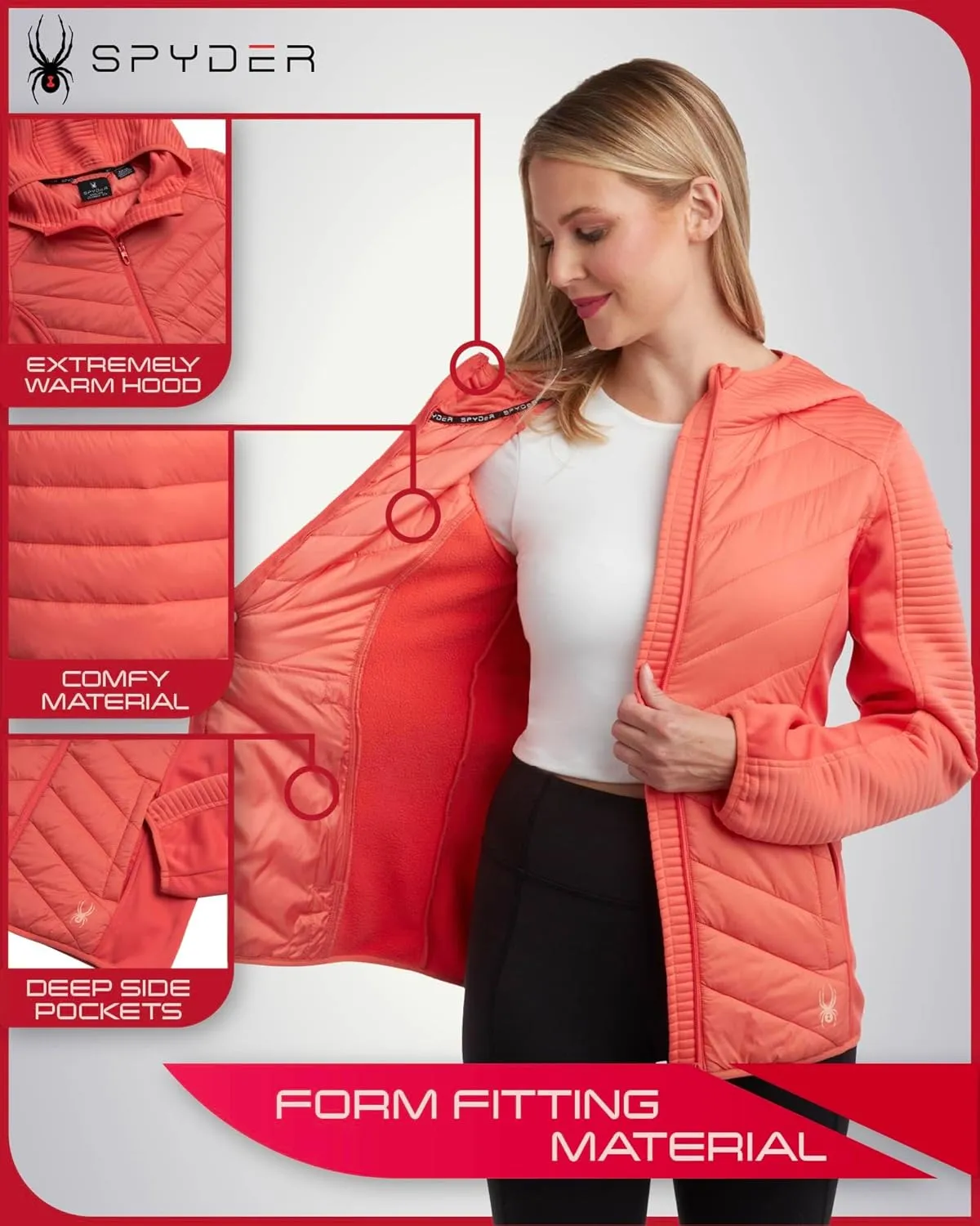 Spyder Women's Puffer Jacket - Mixed Fleece Insulated Winter Coat with Taffeta Panels- Quilted Hooded Jacket for Women (S-XL)