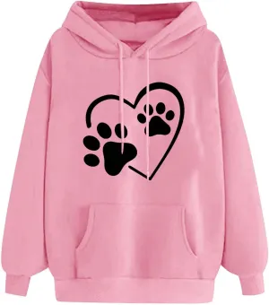 Stessotudo Heart Print Hoodies for Women Drawstring Long Sleeve Cute Sweatshirt Paw Print Plus Size Oversized Graphic Tops