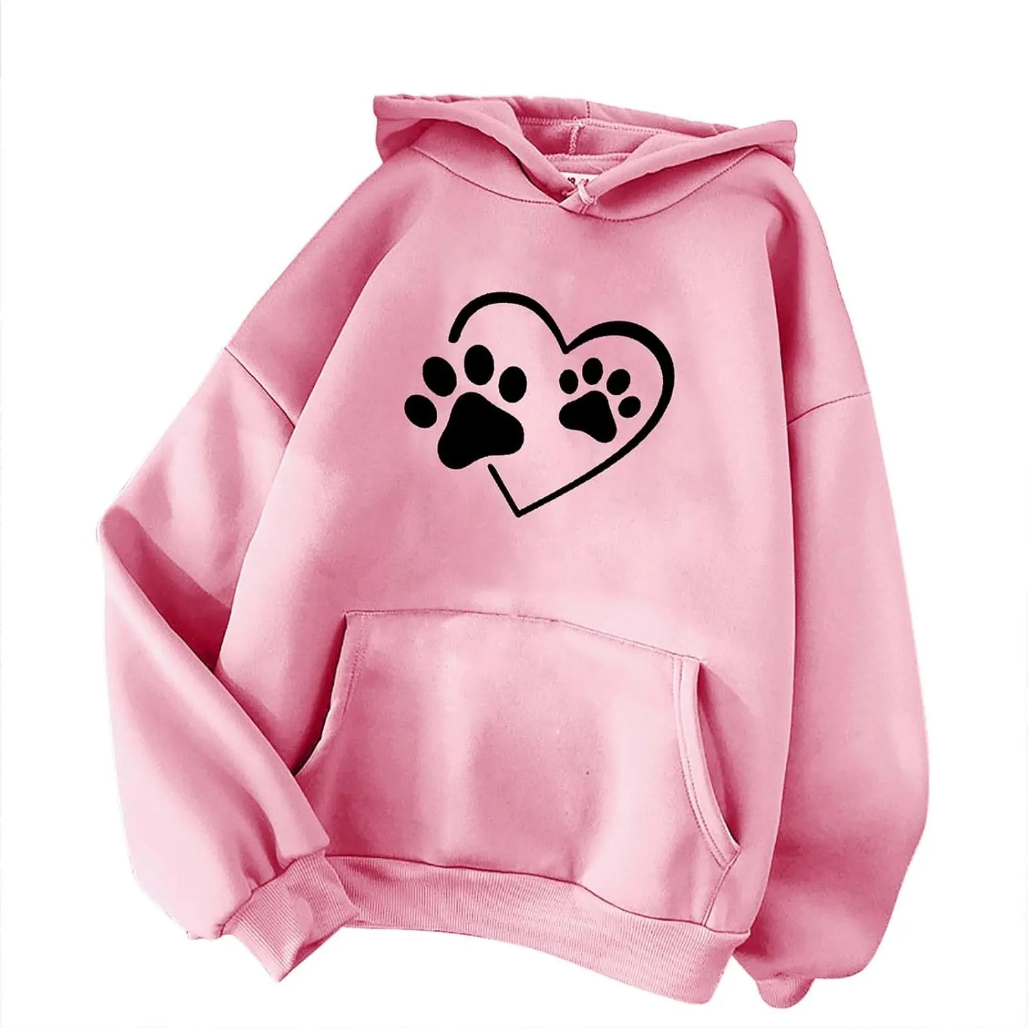 Stessotudo Heart Print Hoodies for Women Drawstring Long Sleeve Cute Sweatshirt Paw Print Plus Size Oversized Graphic Tops