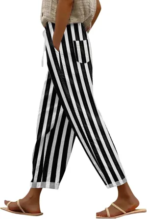 Striped Linen Pants for Women 2025 Summer Straight Leg Cropped Lounge Pant Lightweight Beach Trousers with Pockets