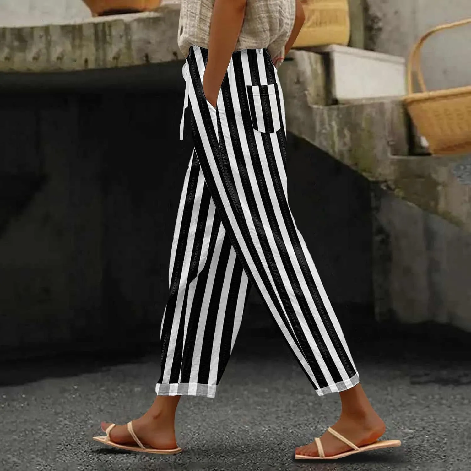 Striped Linen Pants for Women 2025 Summer Straight Leg Cropped Lounge Pant Lightweight Beach Trousers with Pockets