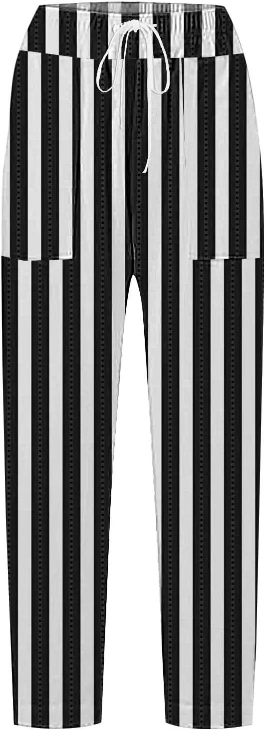 Striped Linen Pants for Women 2025 Summer Straight Leg Cropped Lounge Pant Lightweight Beach Trousers with Pockets
