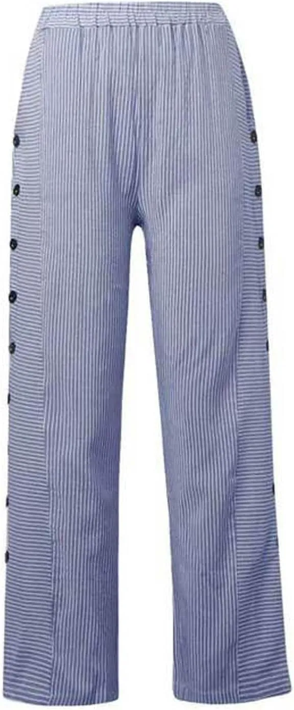 Striped Pants for Women Summer Trendy Side Button Elastic Waist Straight Leg Beach Casual Trousers with Pockets