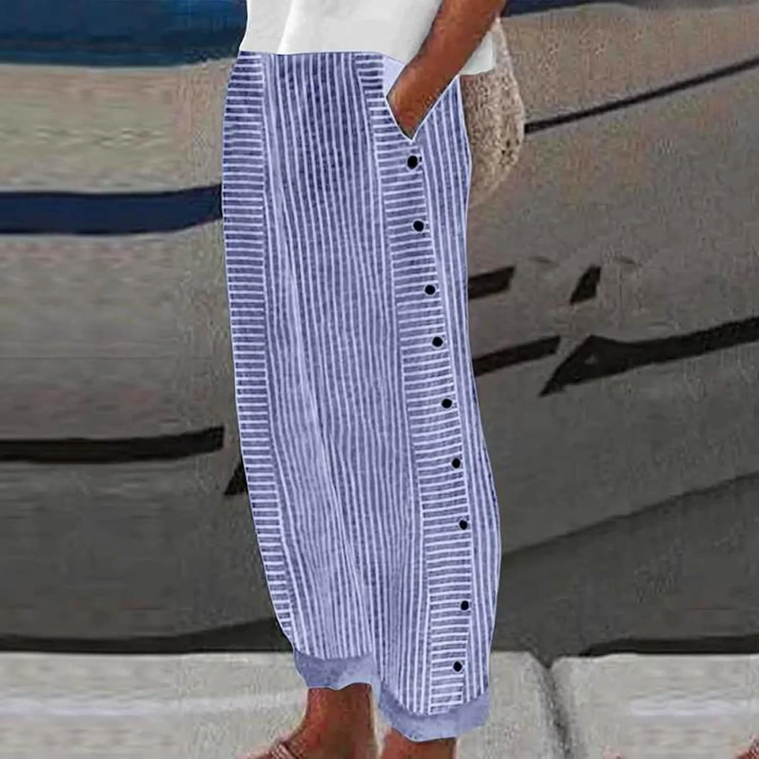 Striped Pants for Women Summer Trendy Side Button Elastic Waist Straight Leg Beach Casual Trousers with Pockets