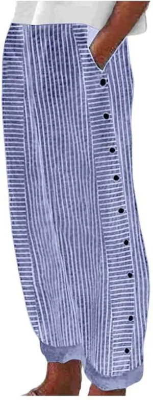 Striped Pants for Women Summer Trendy Side Button Elastic Waist Straight Leg Beach Casual Trousers with Pockets