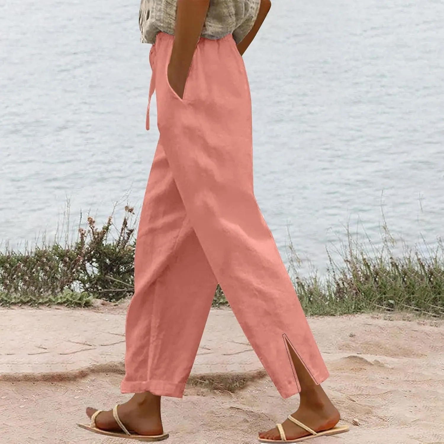 Summer Capri Pants for Women 2025 Linen Straight Leg Loose Casual Pants Casual Lounge Travel Trousers with Pockets