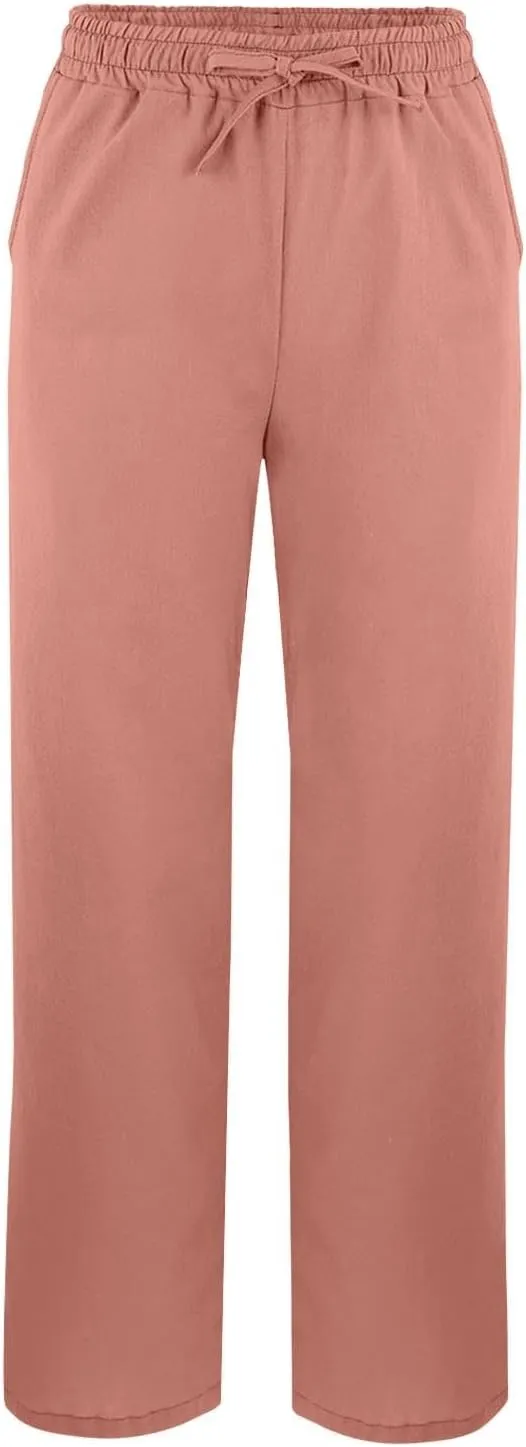 Summer Capri Pants for Women 2025 Linen Straight Leg Loose Casual Pants Casual Lounge Travel Trousers with Pockets
