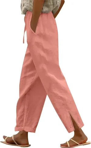 Summer Capri Pants for Women 2025 Linen Straight Leg Loose Casual Pants Casual Lounge Travel Trousers with Pockets