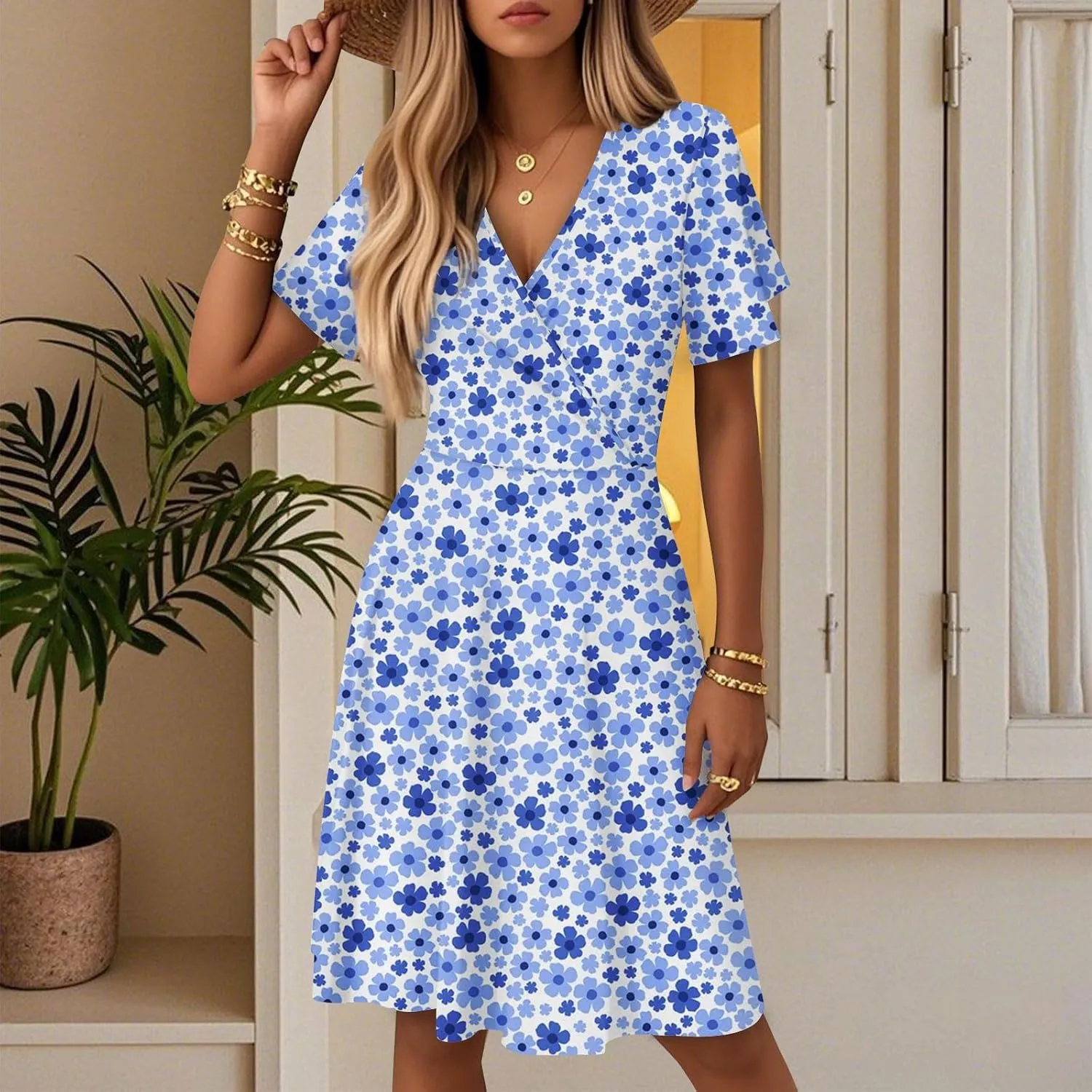 Summer Midi Dresses for Women Cute Boho Floral Fit and Flare Dress Fashion Beach Vacation Clothes