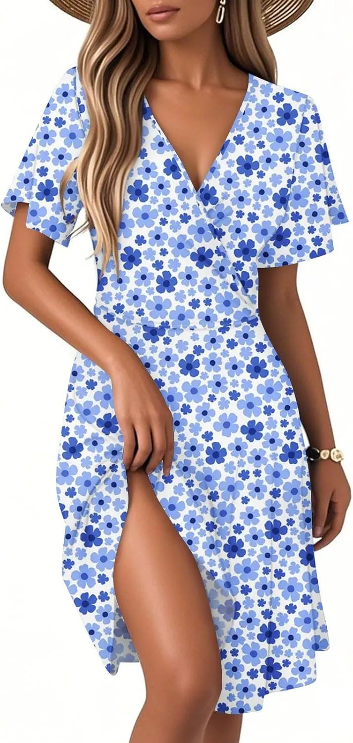 Summer Midi Dresses for Women Cute Boho Floral Fit and Flare Dress Fashion Beach Vacation Clothes