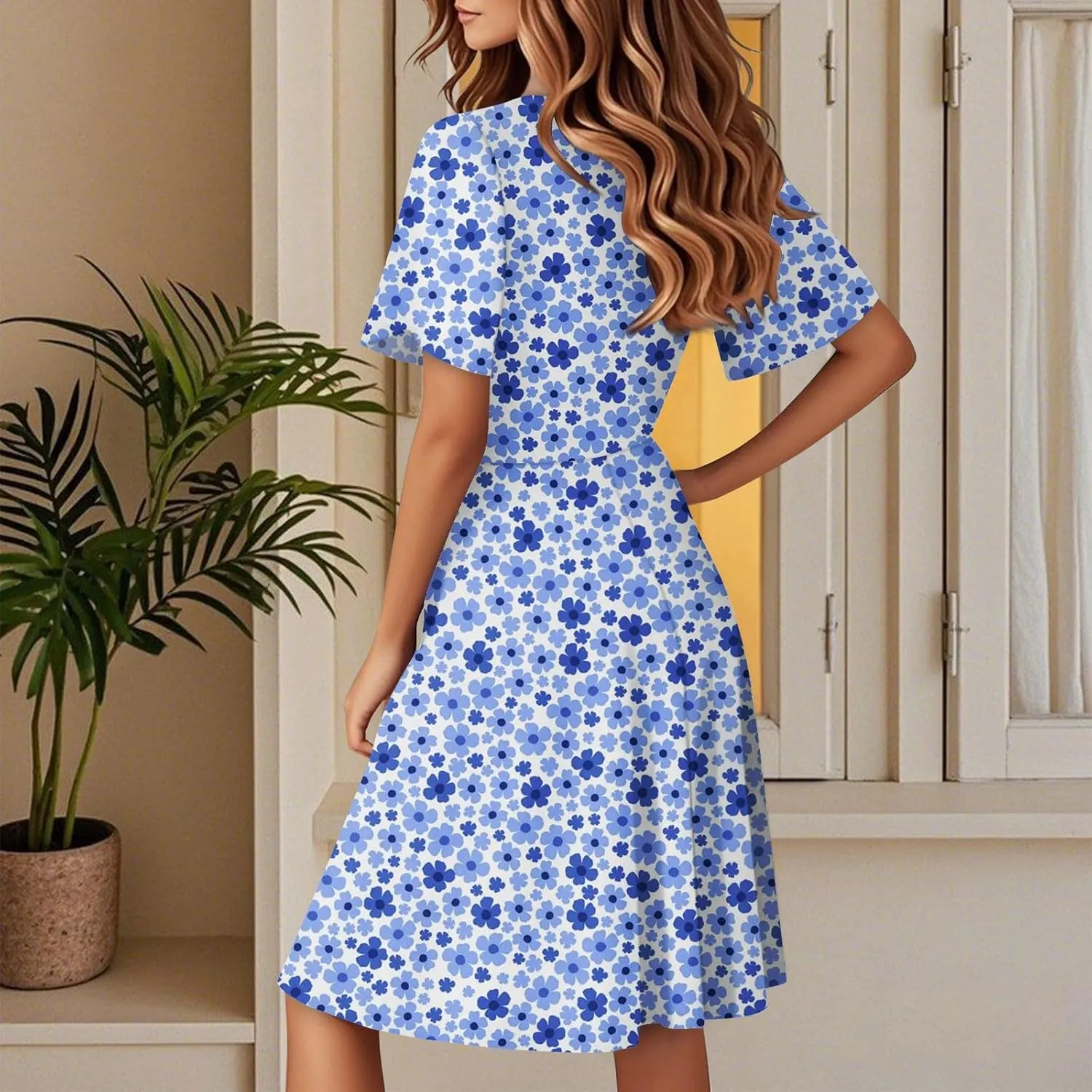 Summer Midi Dresses for Women Cute Boho Floral Fit and Flare Dress Fashion Beach Vacation Clothes