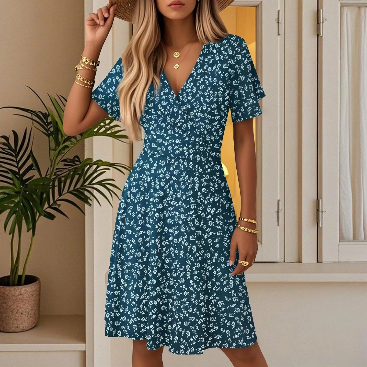 Summer Midi Dresses for Women Cute Boho Floral Fit and Flare Dress Fashion Beach Vacation Clothes