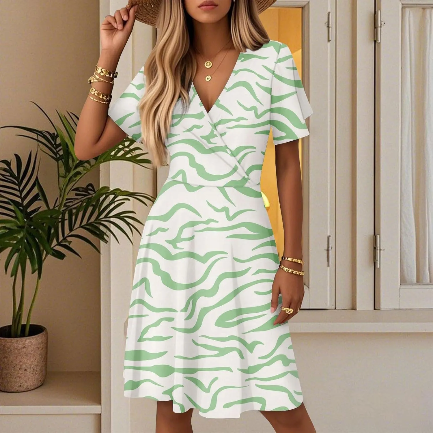 Summer Midi Dresses for Women Cute Boho Floral Fit and Flare Dress Fashion Beach Vacation Clothes