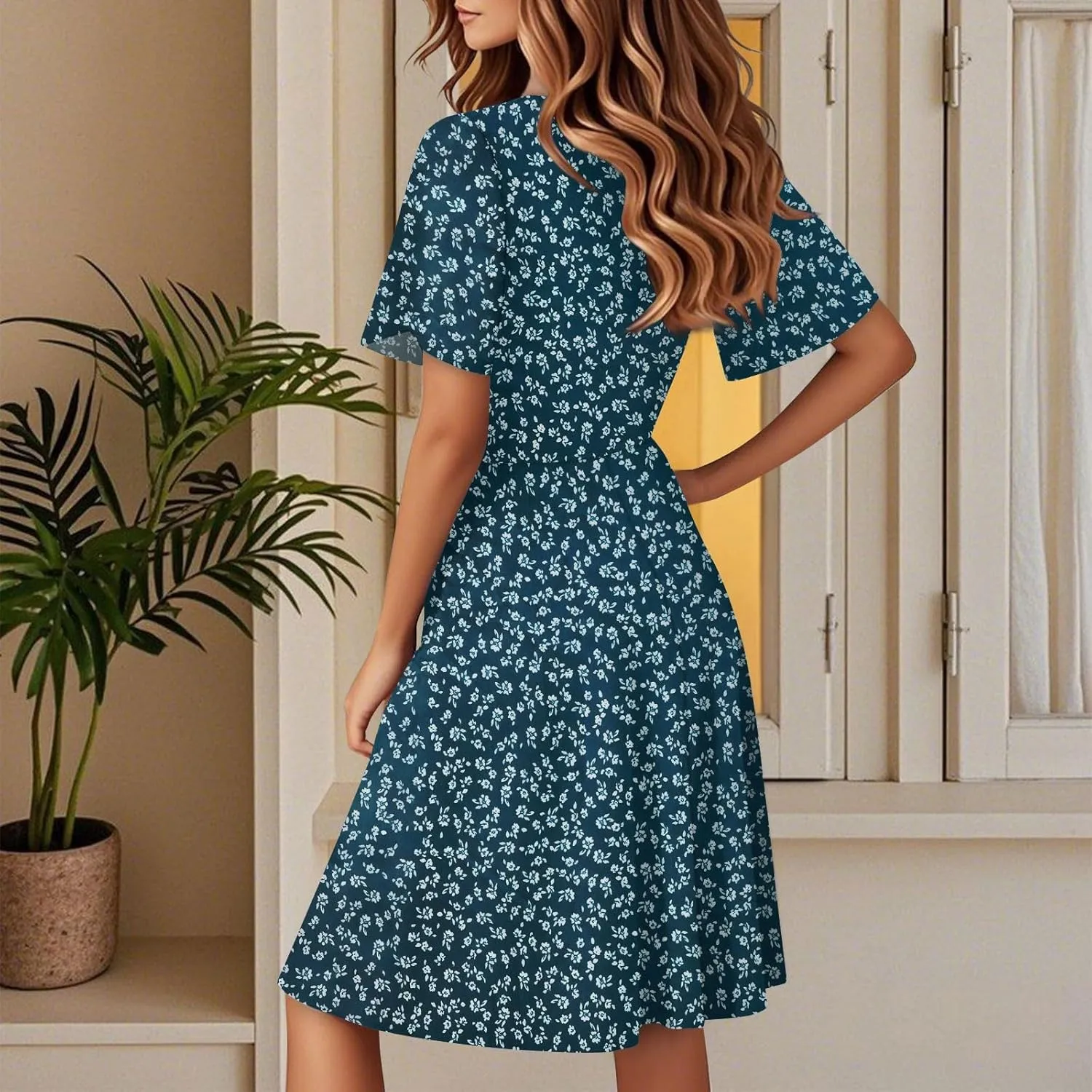 Summer Midi Dresses for Women Cute Boho Floral Fit and Flare Dress Fashion Beach Vacation Clothes