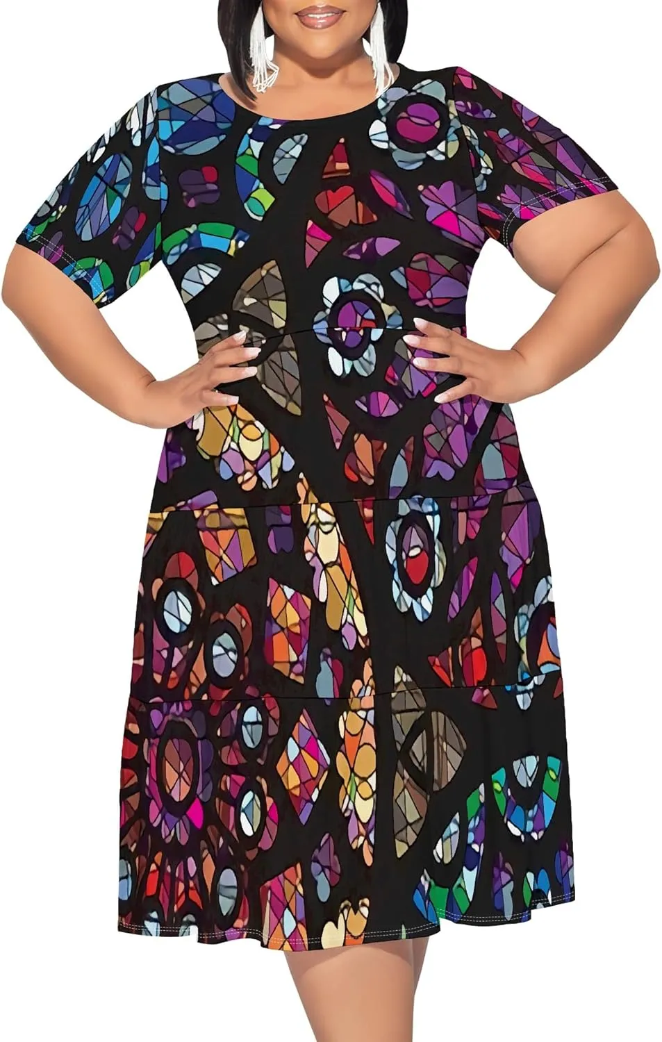 Summer Midi Dresses for Women Plus Size Casual Crewneck Short Sleeve Empire Waist Beach Sundress Travel Vacation Outfits