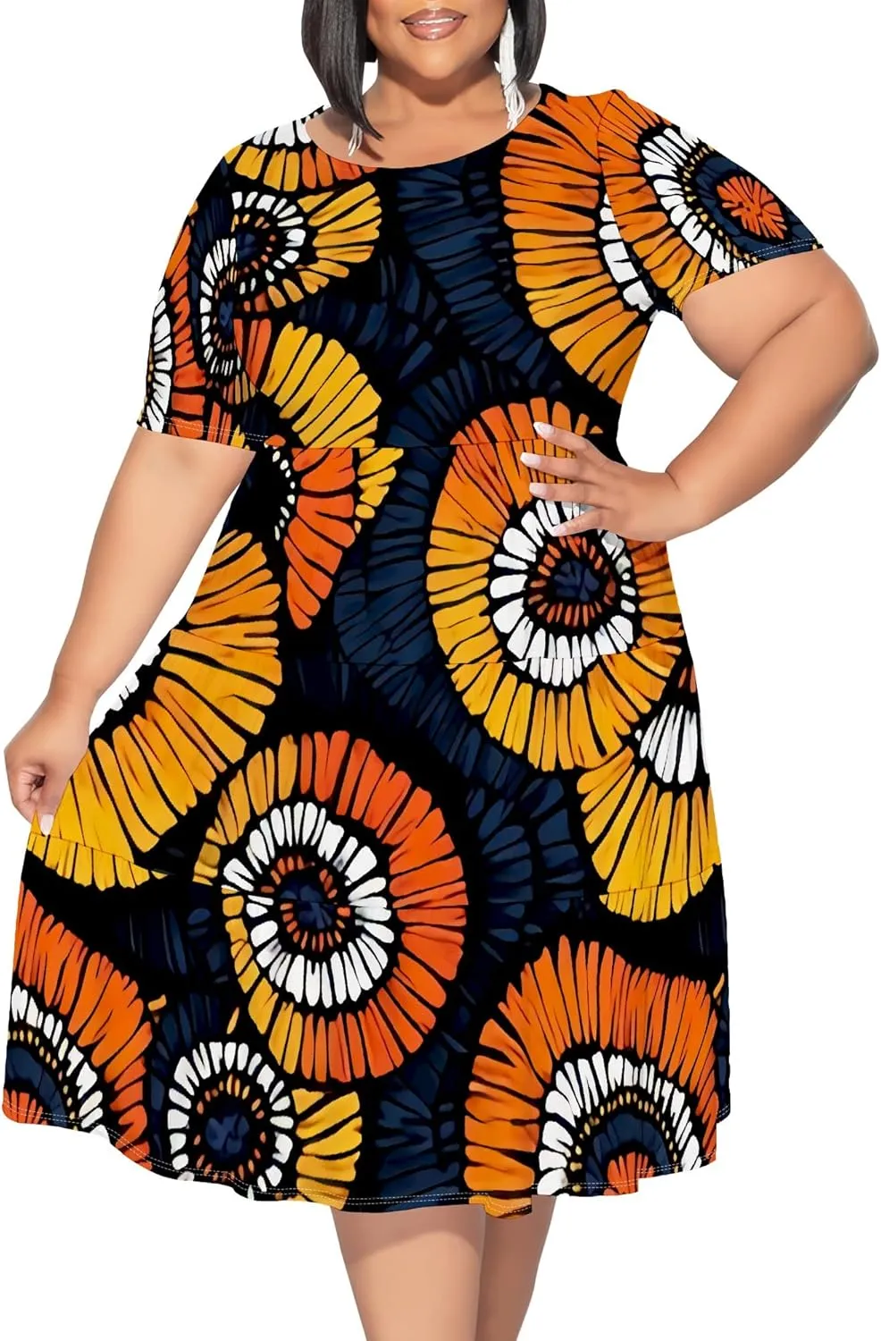 Summer Midi Dresses for Women Plus Size Casual Crewneck Short Sleeve Empire Waist Beach Sundress Travel Vacation Outfits