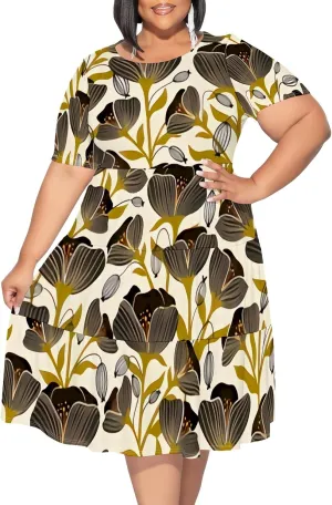 Summer Midi Dresses for Women Plus Size Casual Crewneck Short Sleeve Empire Waist Beach Sundress Travel Vacation Outfits