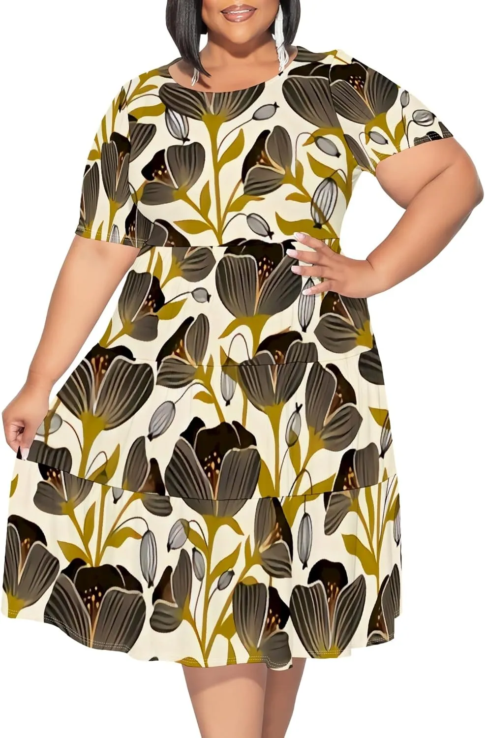 Summer Midi Dresses for Women Plus Size Casual Crewneck Short Sleeve Empire Waist Beach Sundress Travel Vacation Outfits