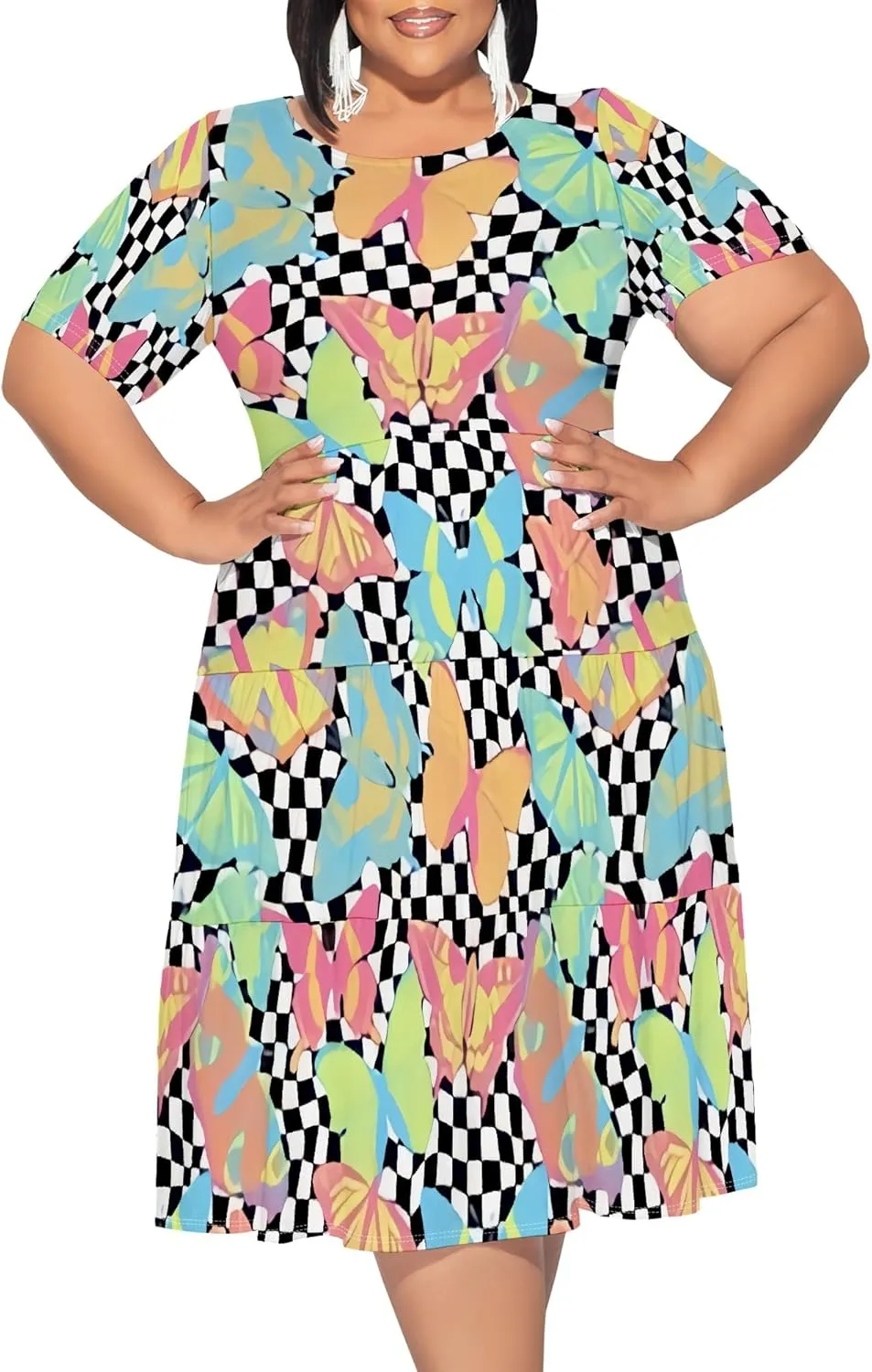 Summer Midi Dresses for Women Plus Size Casual Crewneck Short Sleeve Empire Waist Beach Sundress Travel Vacation Outfits