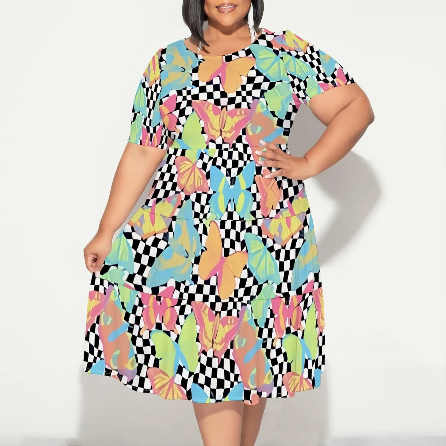 Summer Midi Dresses for Women Plus Size Casual Crewneck Short Sleeve Empire Waist Beach Sundress Travel Vacation Outfits