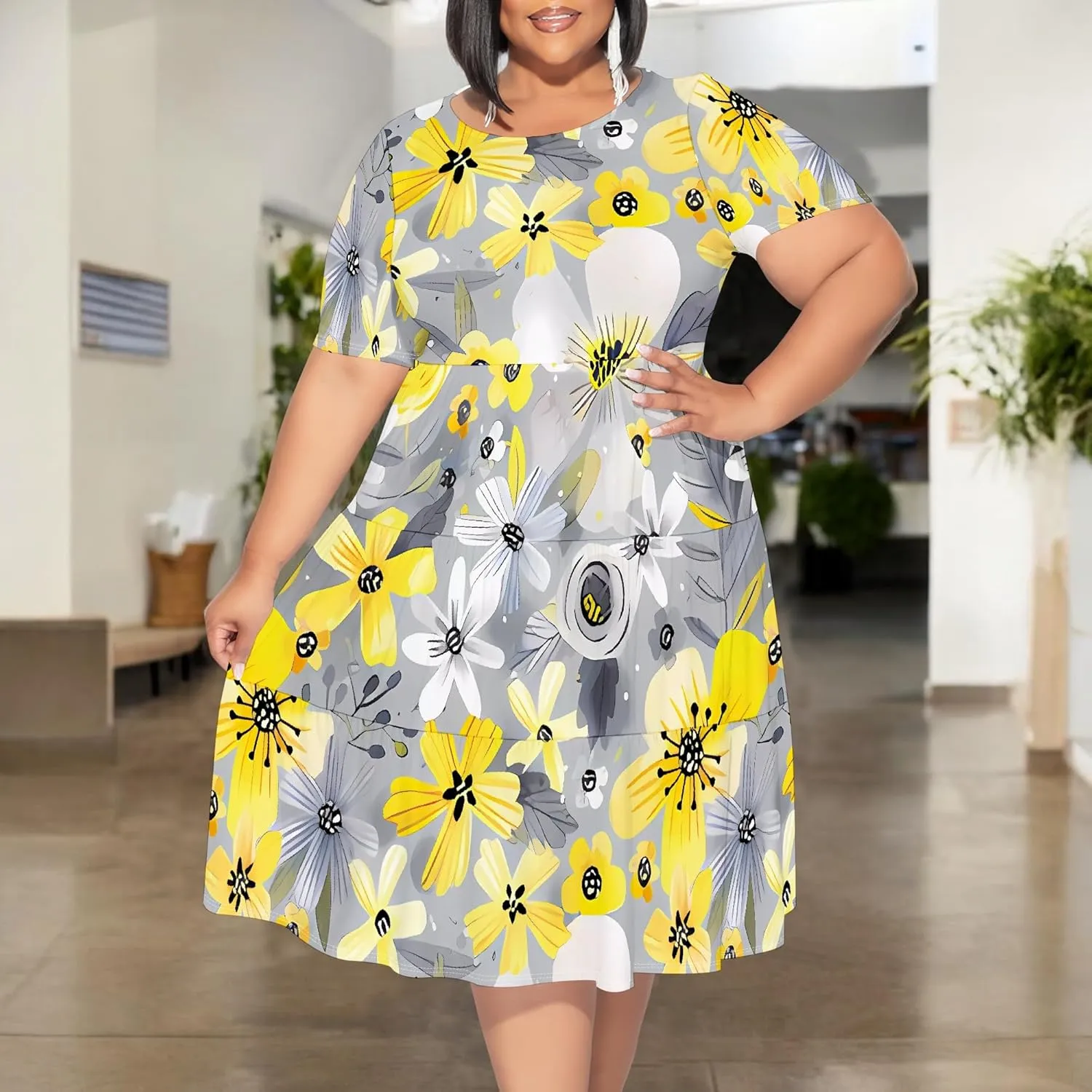 Summer Midi Dresses for Women Plus Size Casual Crewneck Short Sleeve Empire Waist Beach Sundress Travel Vacation Outfits