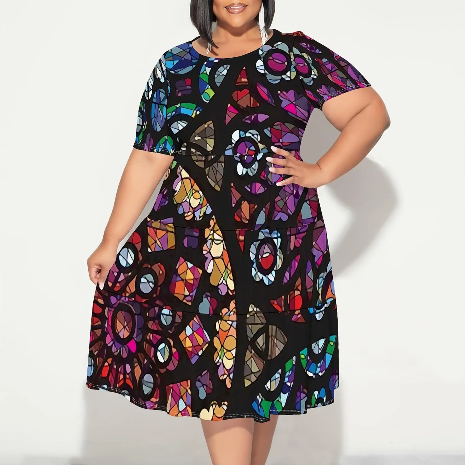 Summer Midi Dresses for Women Plus Size Casual Crewneck Short Sleeve Empire Waist Beach Sundress Travel Vacation Outfits