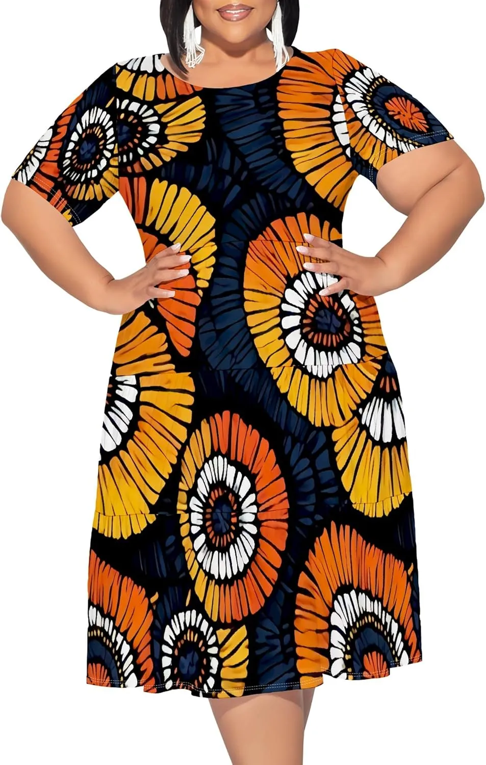 Summer Midi Dresses for Women Plus Size Casual Crewneck Short Sleeve Empire Waist Beach Sundress Travel Vacation Outfits