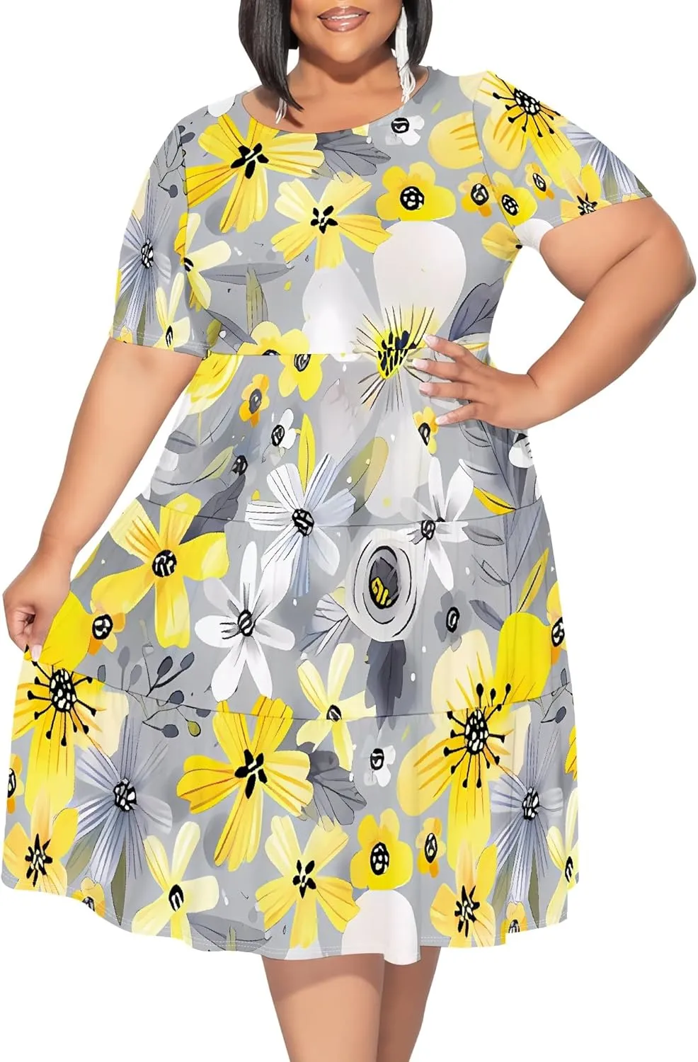Summer Midi Dresses for Women Plus Size Casual Crewneck Short Sleeve Empire Waist Beach Sundress Travel Vacation Outfits