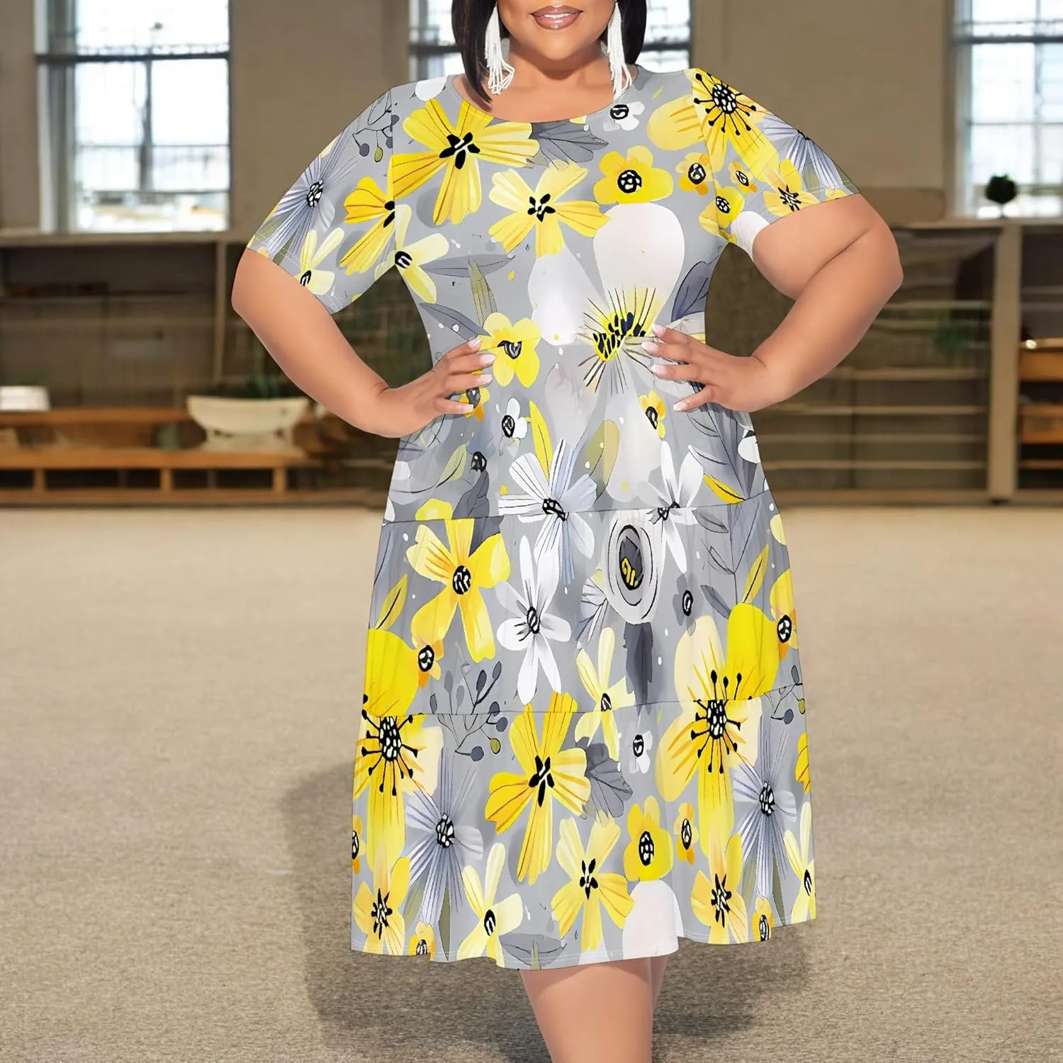 Summer Midi Dresses for Women Plus Size Casual Crewneck Short Sleeve Empire Waist Beach Sundress Travel Vacation Outfits