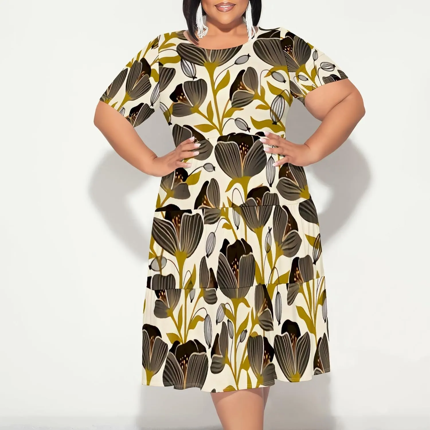 Summer Midi Dresses for Women Plus Size Casual Crewneck Short Sleeve Empire Waist Beach Sundress Travel Vacation Outfits