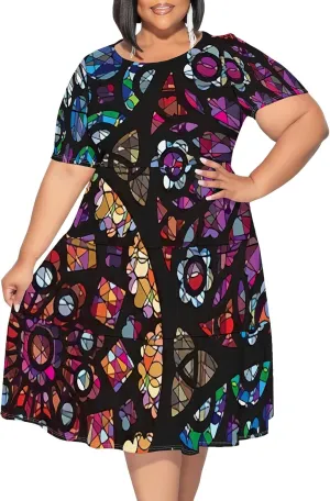 Summer Midi Dresses for Women Plus Size Casual Crewneck Short Sleeve Empire Waist Beach Sundress Travel Vacation Outfits