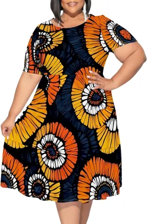 Summer Midi Dresses for Women Plus Size Casual Crewneck Short Sleeve Empire Waist Beach Sundress Travel Vacation Outfits