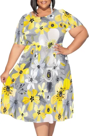 Summer Midi Dresses for Women Plus Size Casual Crewneck Short Sleeve Empire Waist Beach Sundress Travel Vacation Outfits