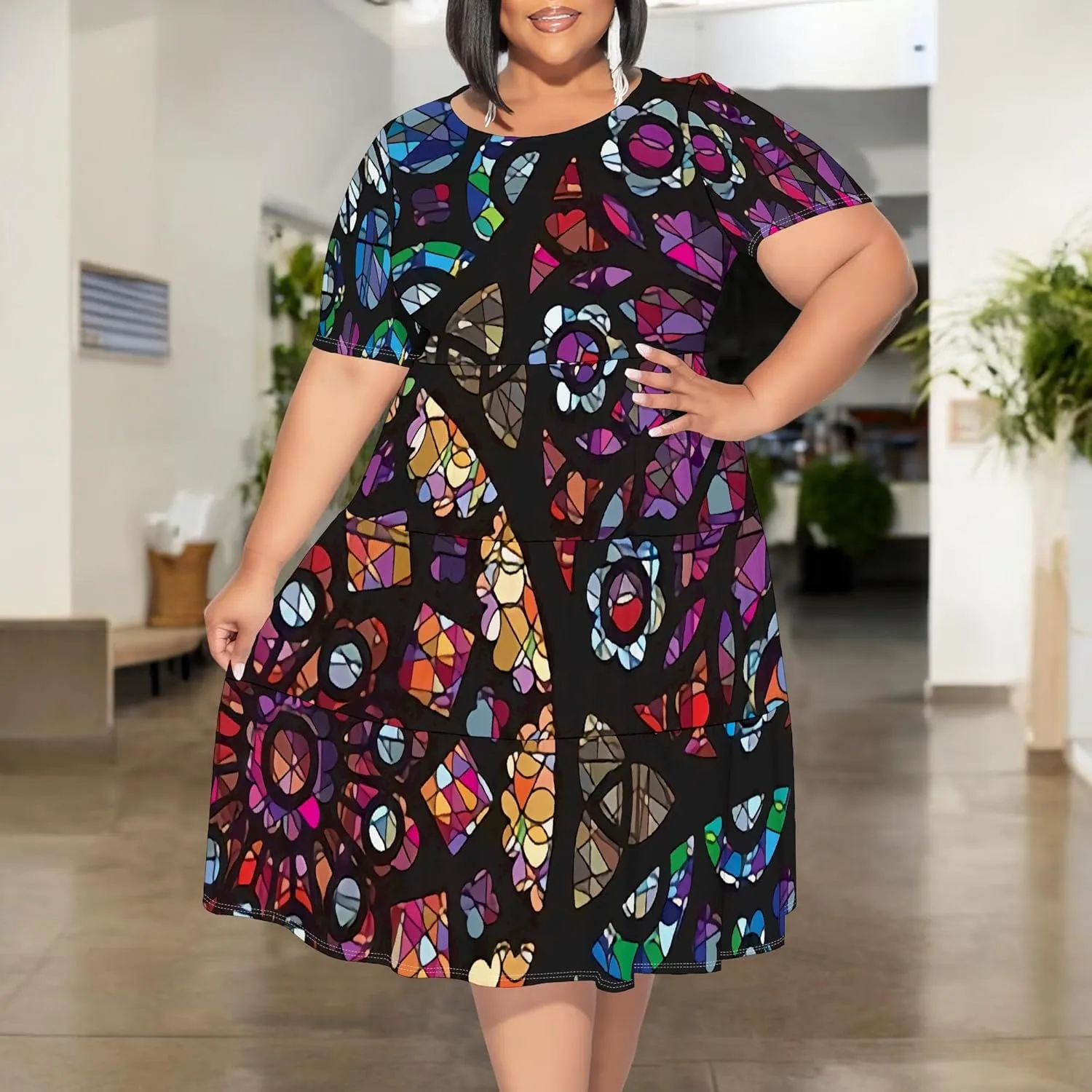 Summer Midi Dresses for Women Plus Size Casual Crewneck Short Sleeve Empire Waist Beach Sundress Travel Vacation Outfits