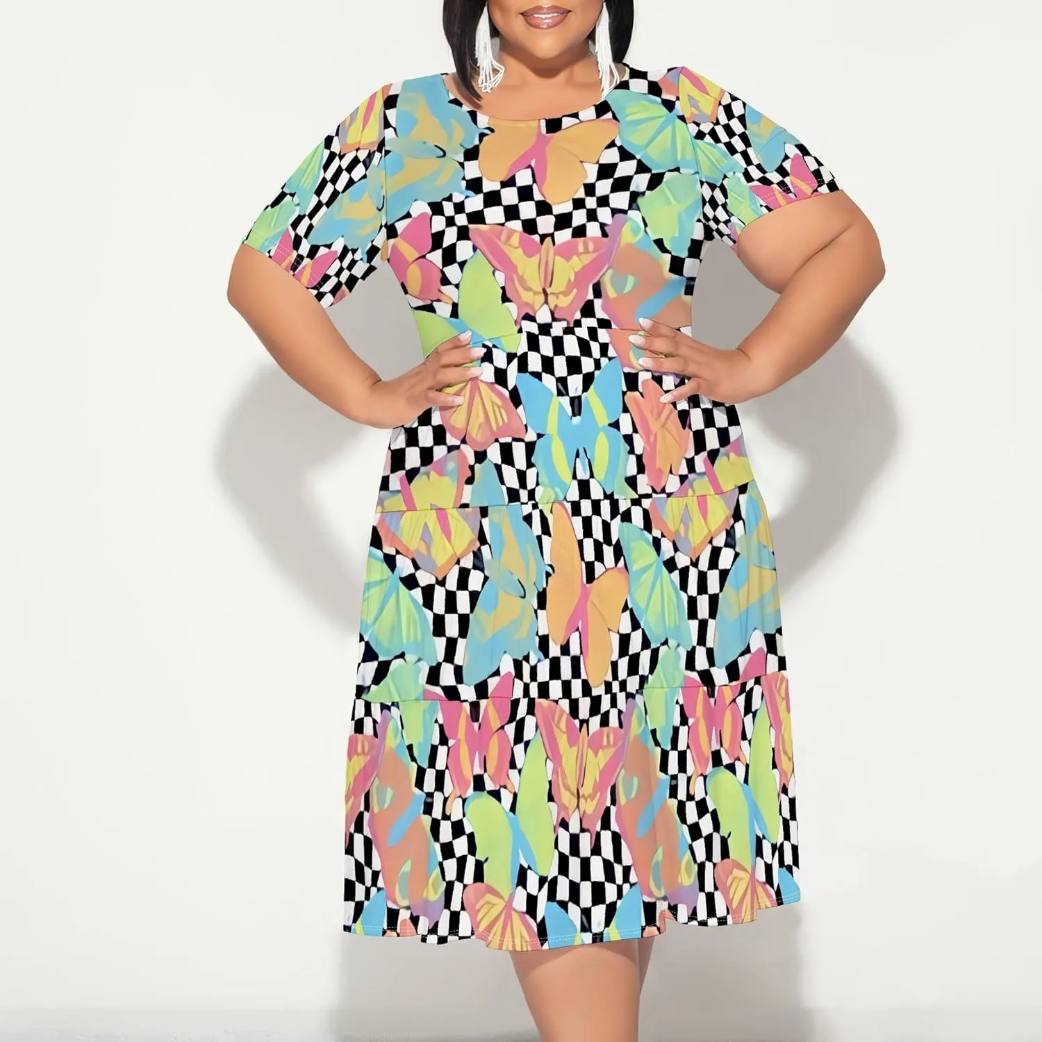 Summer Midi Dresses for Women Plus Size Casual Crewneck Short Sleeve Empire Waist Beach Sundress Travel Vacation Outfits