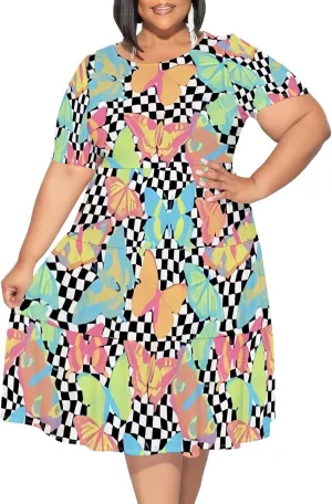 Summer Midi Dresses for Women Plus Size Casual Crewneck Short Sleeve Empire Waist Beach Sundress Travel Vacation Outfits