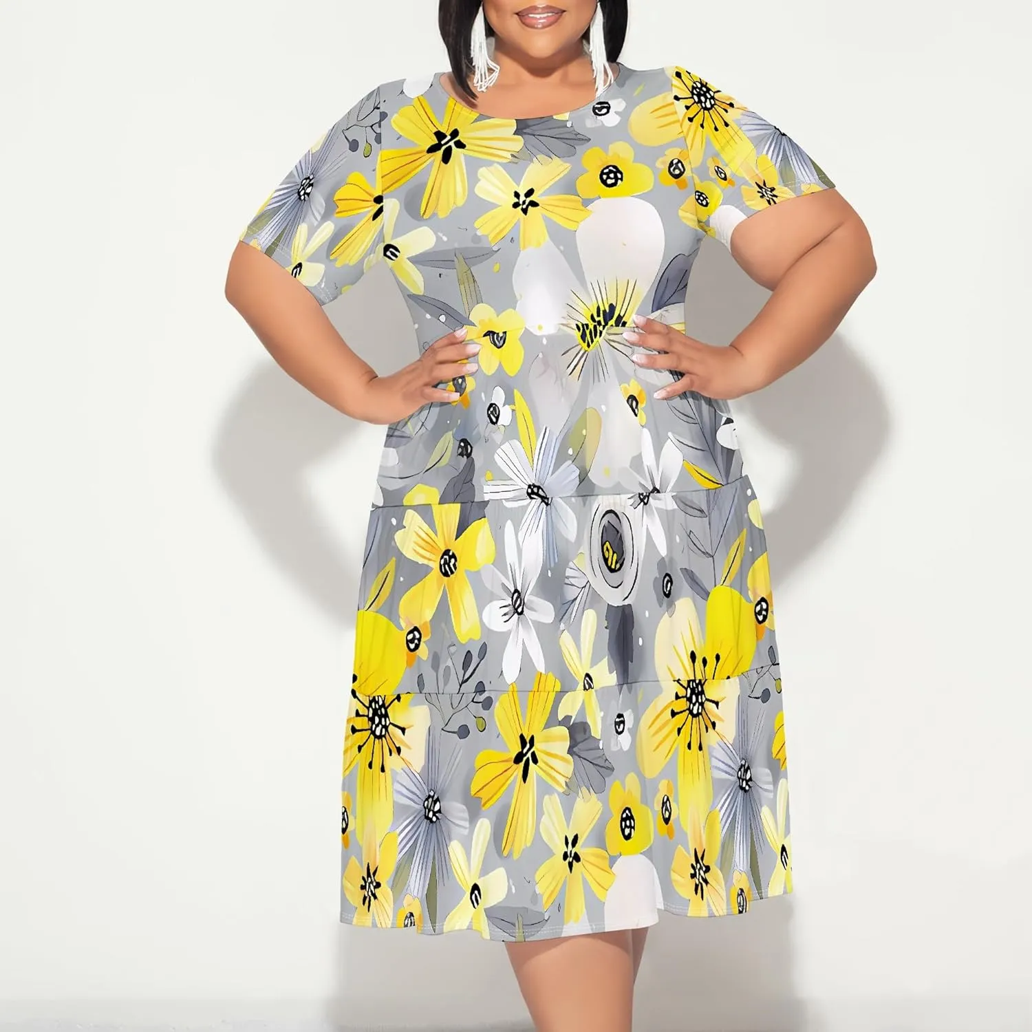 Summer Midi Dresses for Women Plus Size Casual Crewneck Short Sleeve Empire Waist Beach Sundress Travel Vacation Outfits